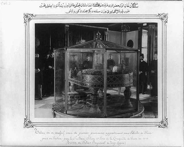 Another view of the throne decorated with gold and precious stones, which Sultan Selim I captured in Iran, in the Treasury of the Imperial Topkapı Sarayı (palace)