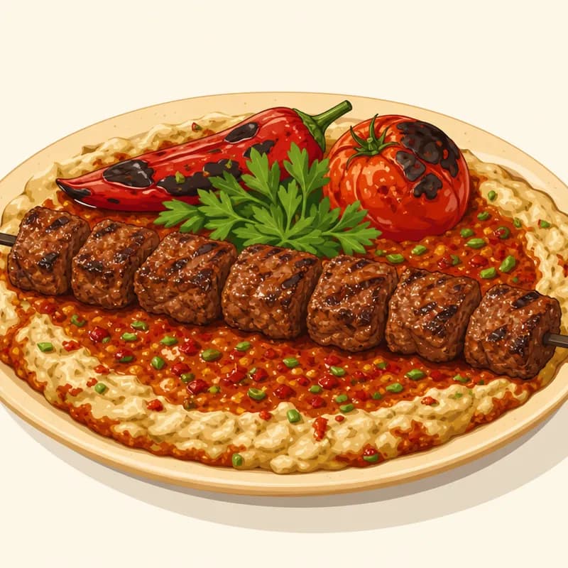 Gaziantep / Antep Altı Ezmeli Kebap, Gaziantep / Antep Altı Ezmeli Kuşbaşı Kebabı, Gaziantep / Antep Altı Ezmeli Kıyma Kebabı illüstrasyonu
