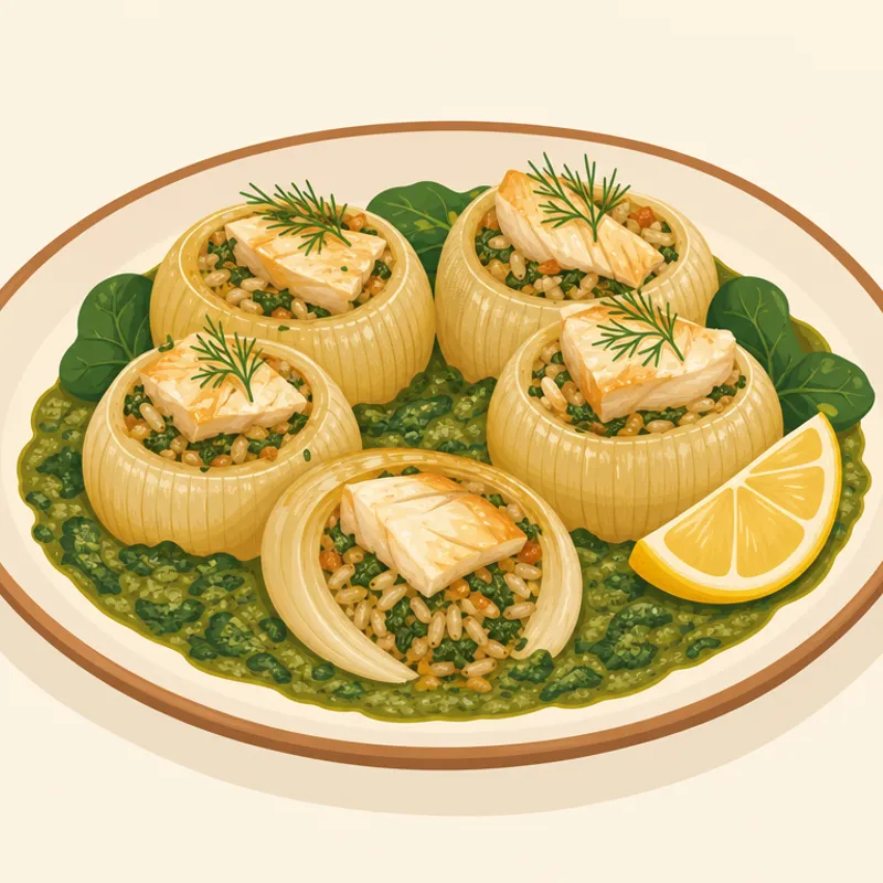 Ispanak Sosunda Levrekli Soğan Dolması illustration