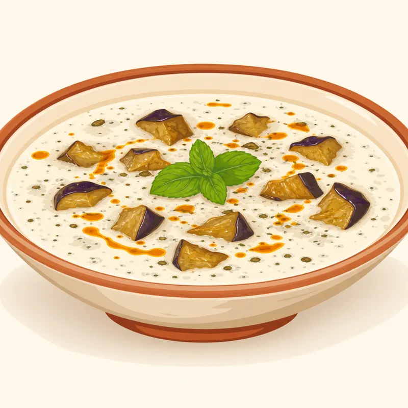 Kahta Patlıcanlı Ayran Çorbası/Kahta Balcanı Dev Çorbası illüstrasyonu