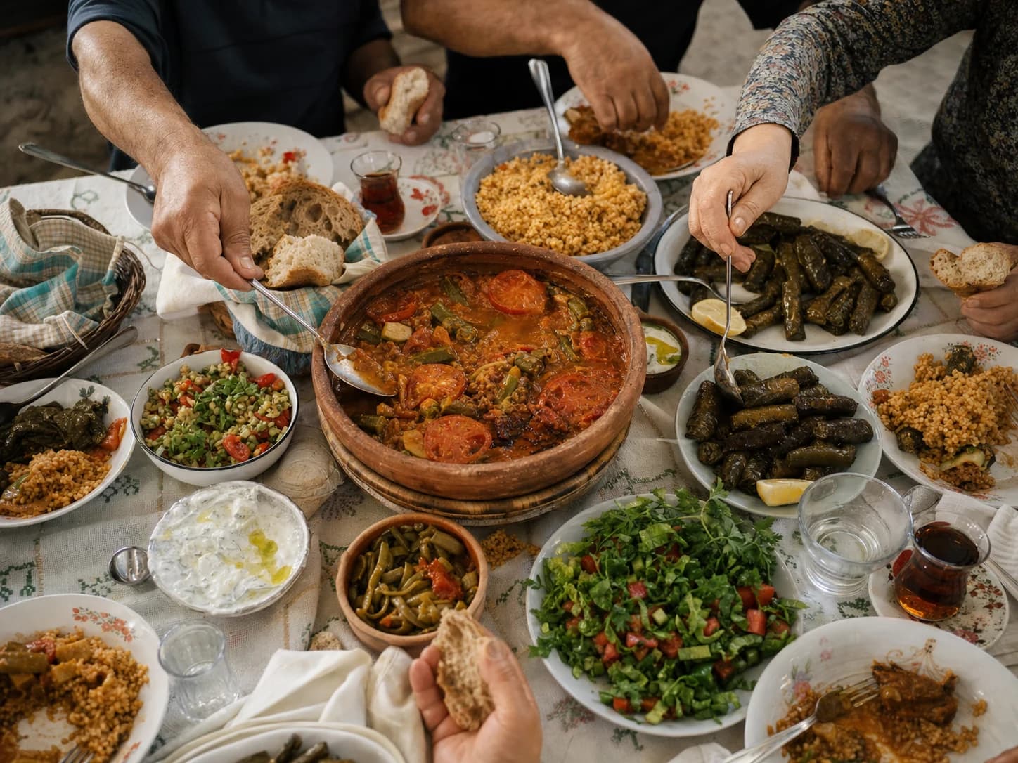 Ellerin ekmeğe ve ortak tabaklardaki yöresel yemeklere uzandığı kalabalık bir sofra
